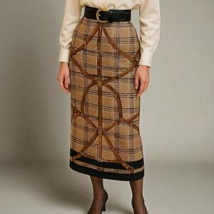 Vintage 80s Koret Tan Multi Plaid Equestrian Harness Midi Skirt Size 18 Academia